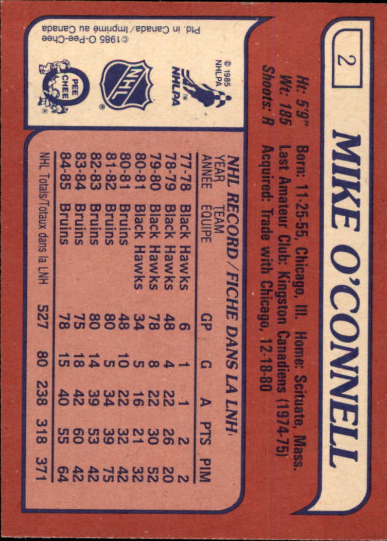 1985-86 Topps #2 Mike O'Connell SP back image