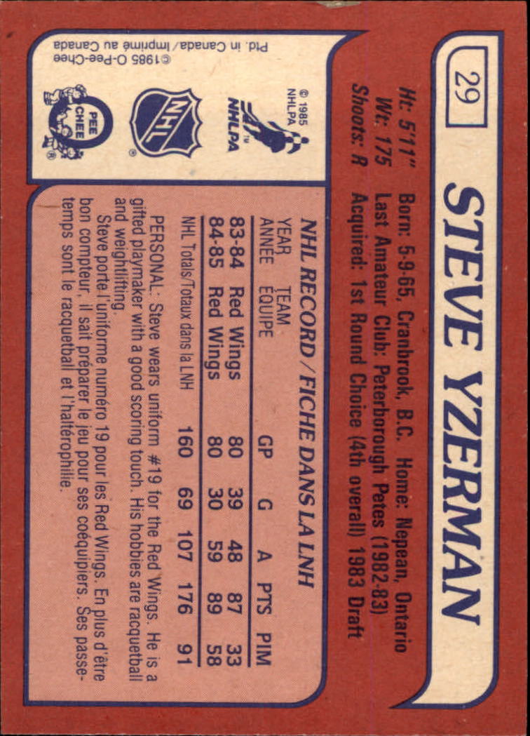 1985-86 Topps #29 Steve Yzerman back image