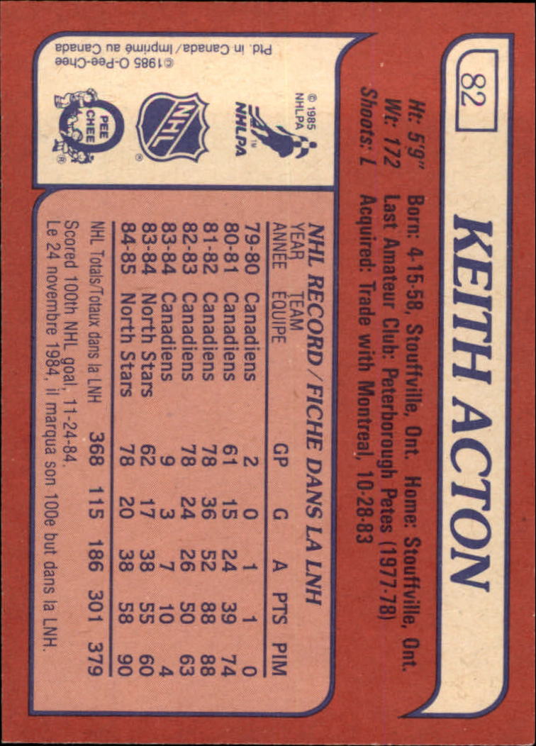 1985-86 Topps #82 Keith Acton back image