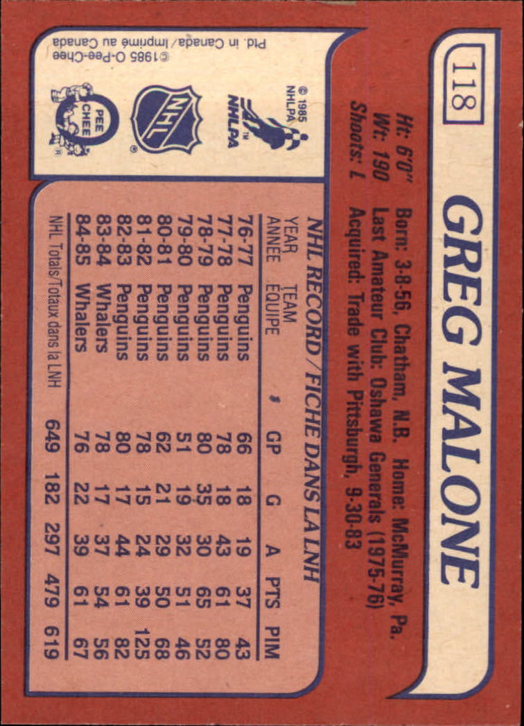 1985-86 Topps #118 Greg Malone back image