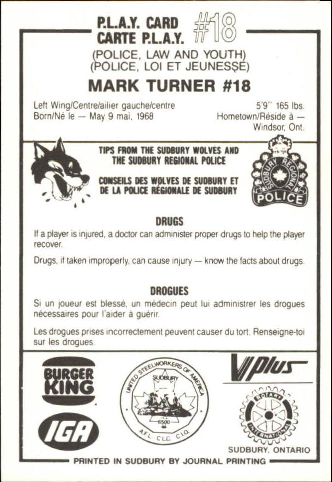 1985-86 Sudbury Wolves #18 Mark Turner back image