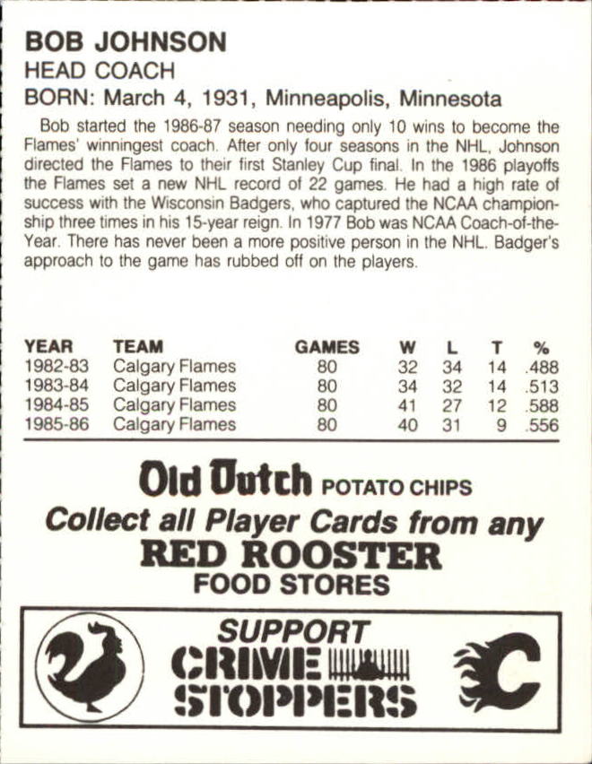 1986-87 Flames Red Rooster #8 Bob Johnson CO back image