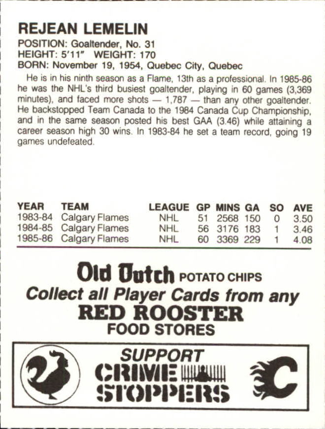 1986-87 Flames Red Rooster #9 Rejean Lemelin back image