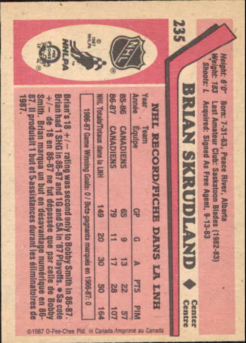 1987-88 O-Pee-Chee #235 Brian Skrudland RC back image