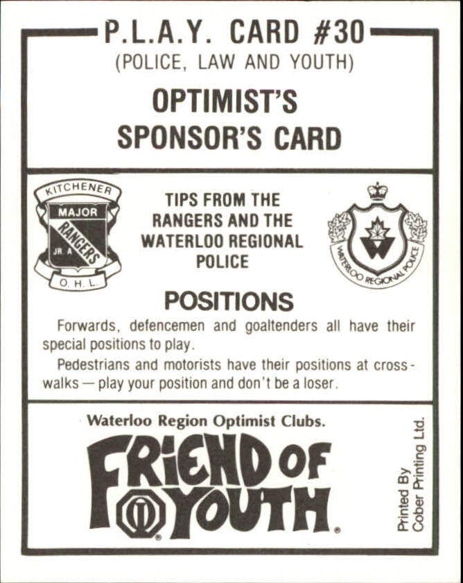 1987-88 Kitchener Rangers #30 Optimist's Sponsor/Card back image