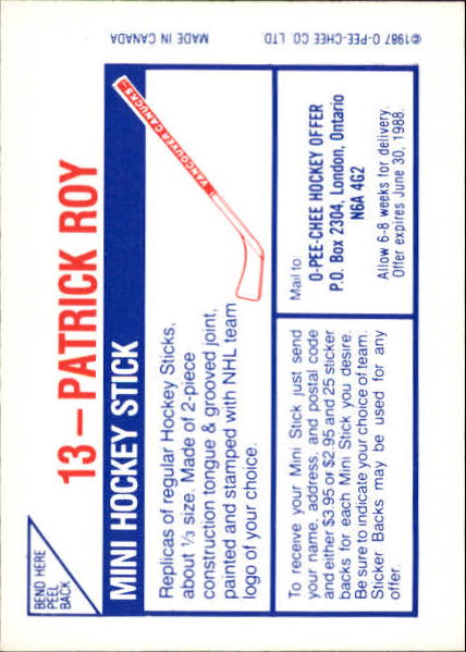 1987-88 O-Pee-Chee Stickers #13 Patrick Roy back image