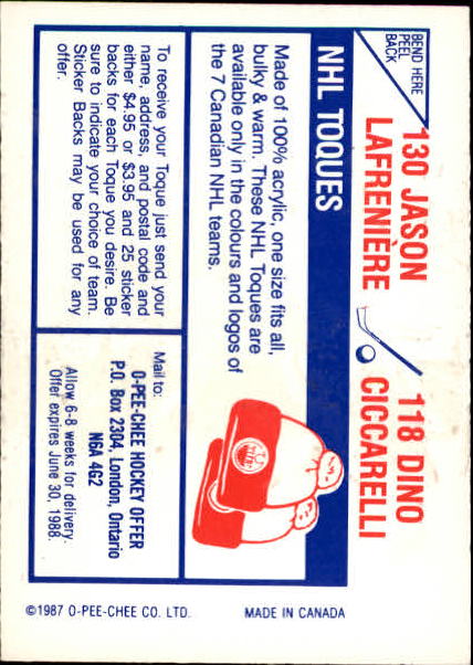 1987-88 O-Pee-Chee Stickers #118 Dino Ciccarelli / 130. Jason Lafreniere back image