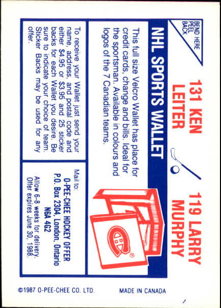 1987-88 O-Pee-Chee Stickers #119 Larry Murphy / 131. Ken Leiter back image
