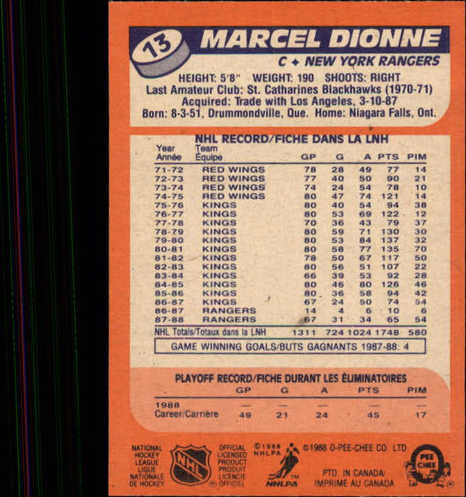 1988-89 O-Pee-Chee #13 Marcel Dionne back image