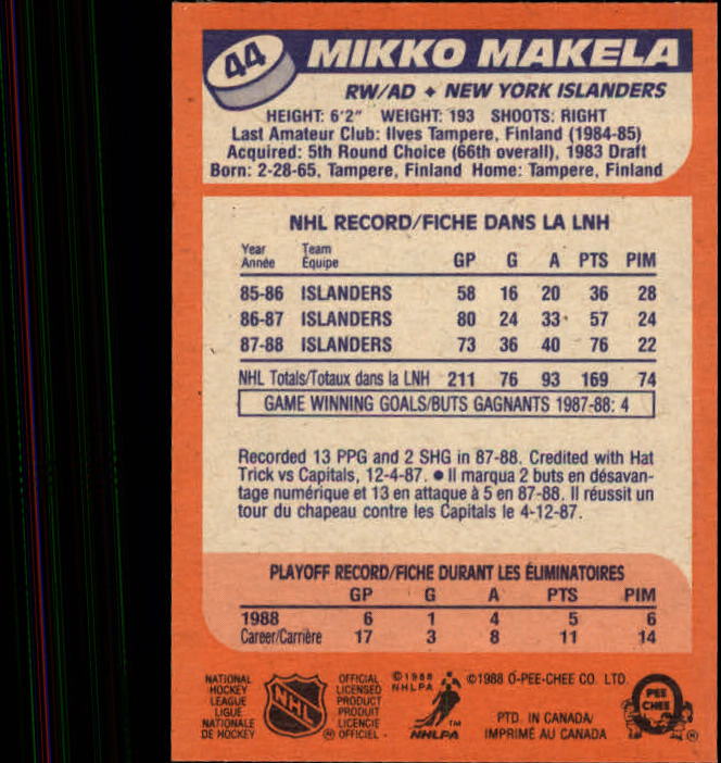 1988-89 O-Pee-Chee #44 Mikko Makela RC back image