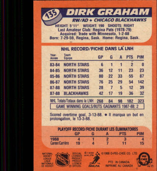 1988-89 O-Pee-Chee #135 Dirk Graham back image