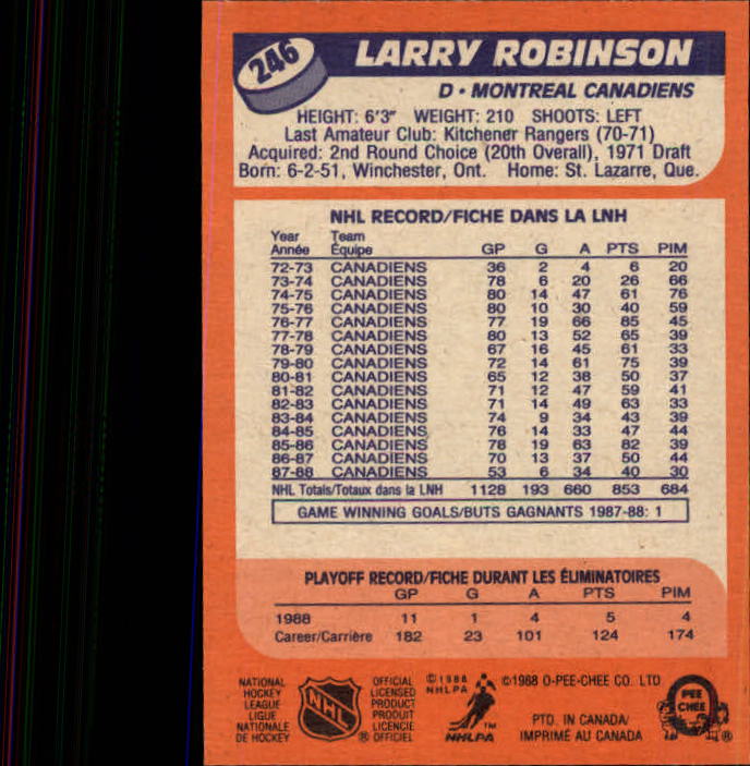 1988-89 O-Pee-Chee #246 Larry Robinson back image