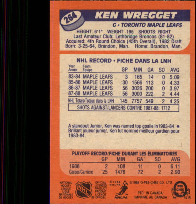 1988-89 O-Pee-Chee #264 Ken Wregget back image