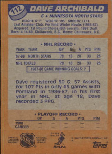 1988-89 Topps #112 Dave Archibald RC back image