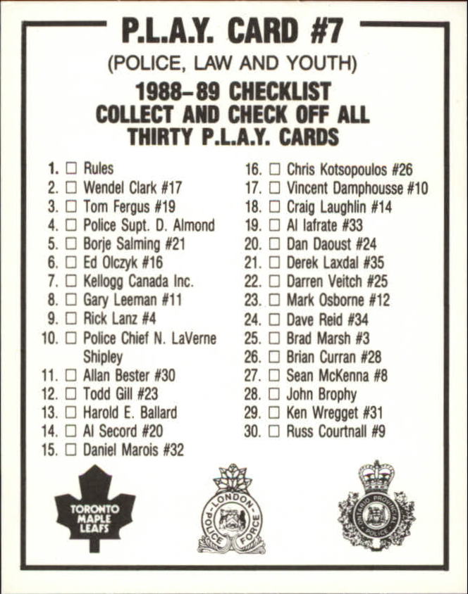 1988-89 Maple Leafs PLAY #7 Sponsor's Card/Kellogg Canada back image