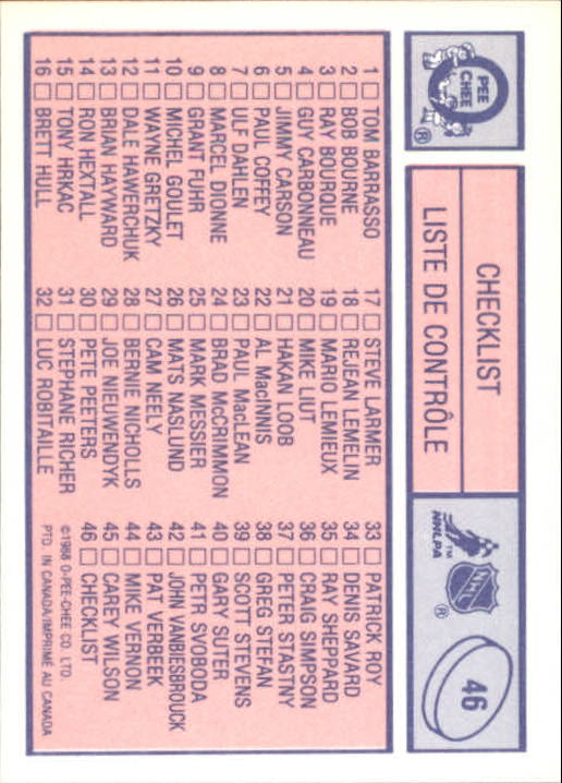 1988-89 O-Pee-Chee Minis #46 Checklist Card back image