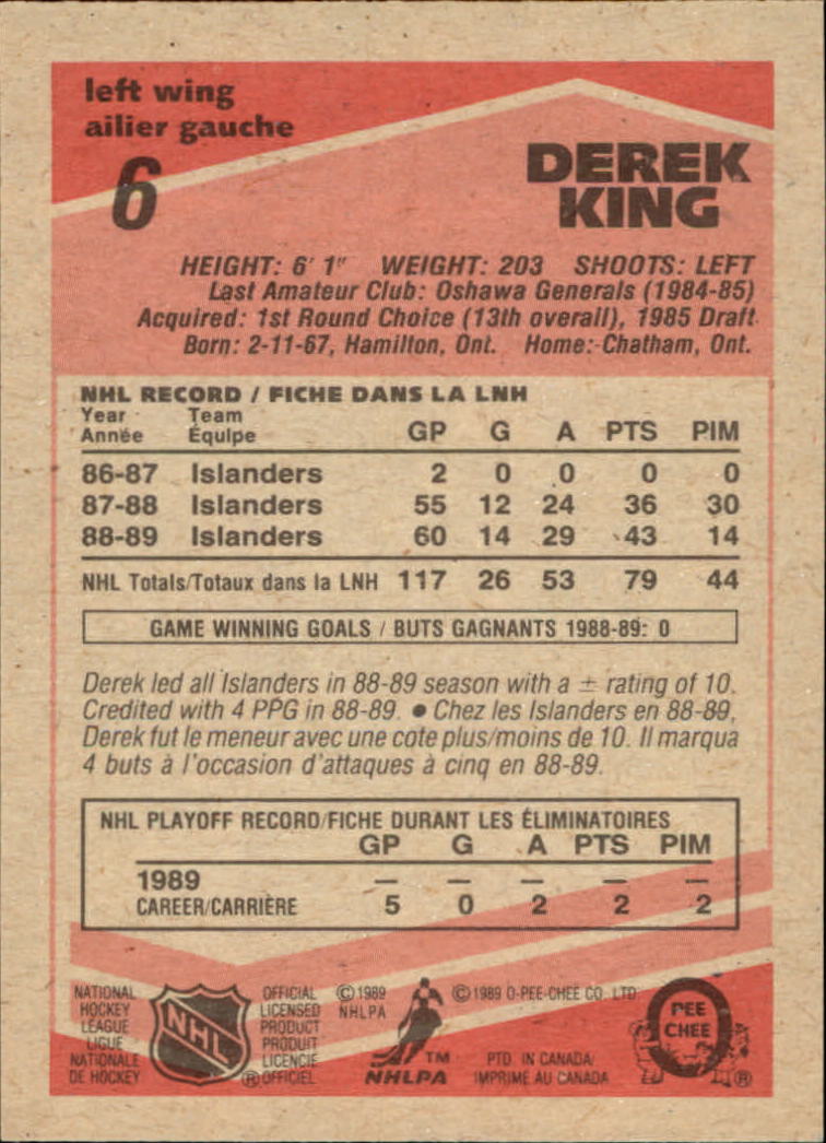 1989-90 O-Pee-Chee #6 Derek King RC back image