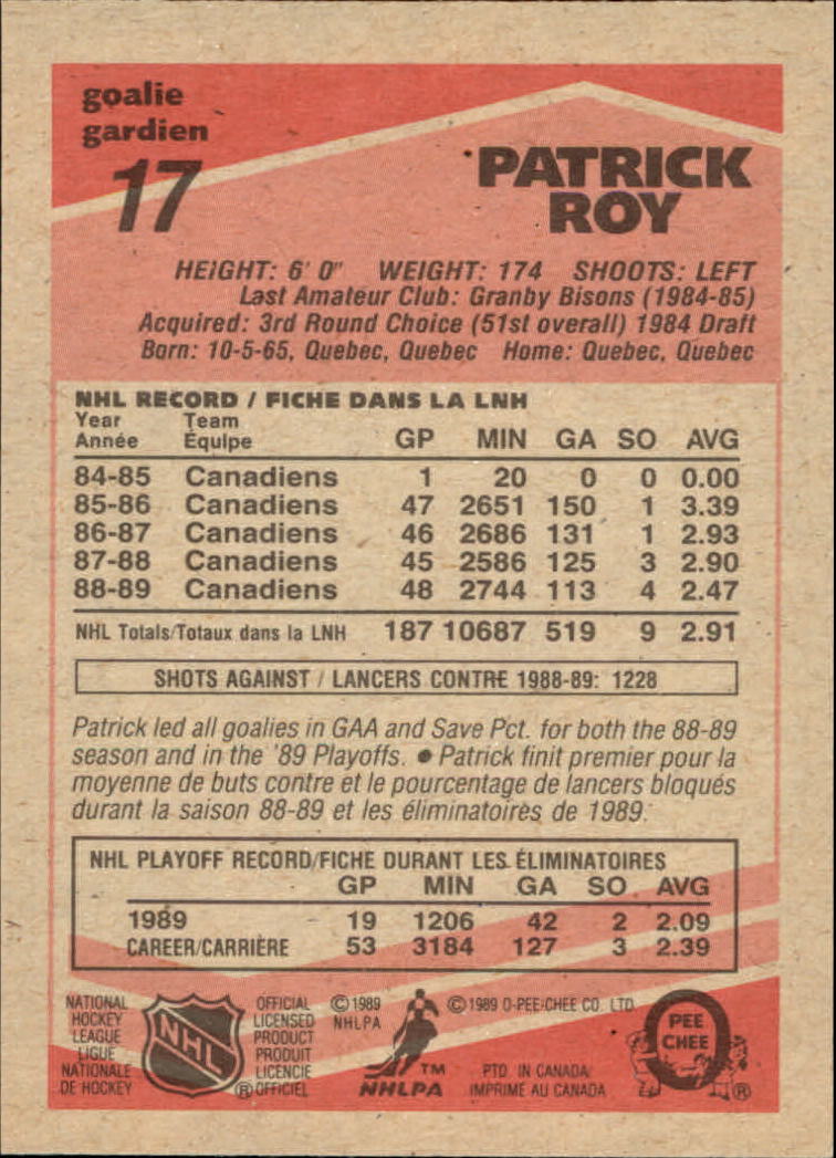 1989-90 O-Pee-Chee #17 Patrick Roy back image