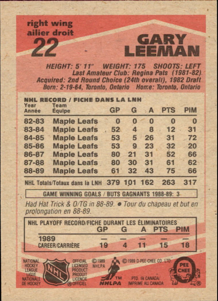 1989-90 O-Pee-Chee #22 Gary Leeman back image