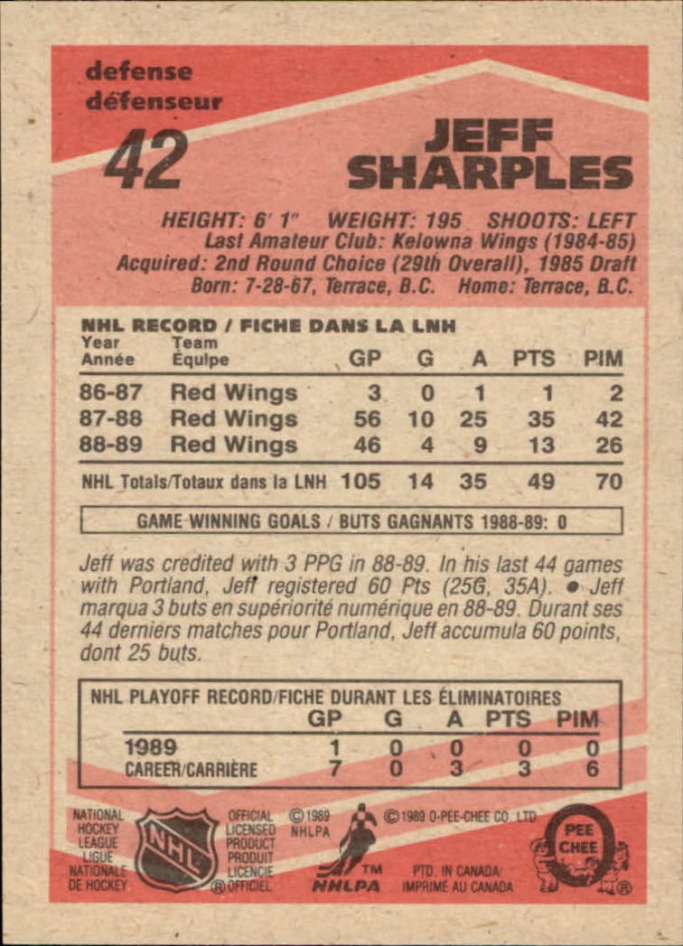 1989-90 O-Pee-Chee #42 Jeff Sharples back image