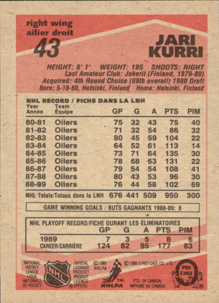 1989-90 O-Pee-Chee #43 Jari Kurri back image