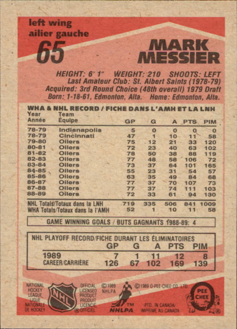 1989-90 O-Pee-Chee #65 Mark Messier back image
