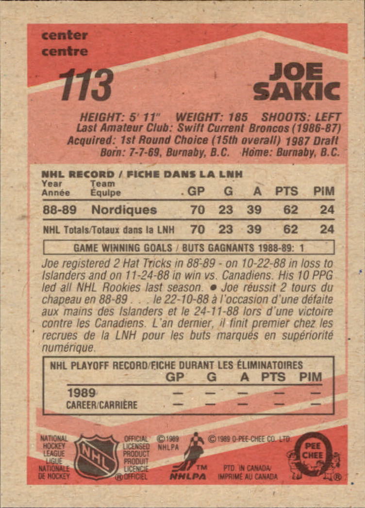 1989-90 O-Pee-Chee #113 Joe Sakic RC back image
