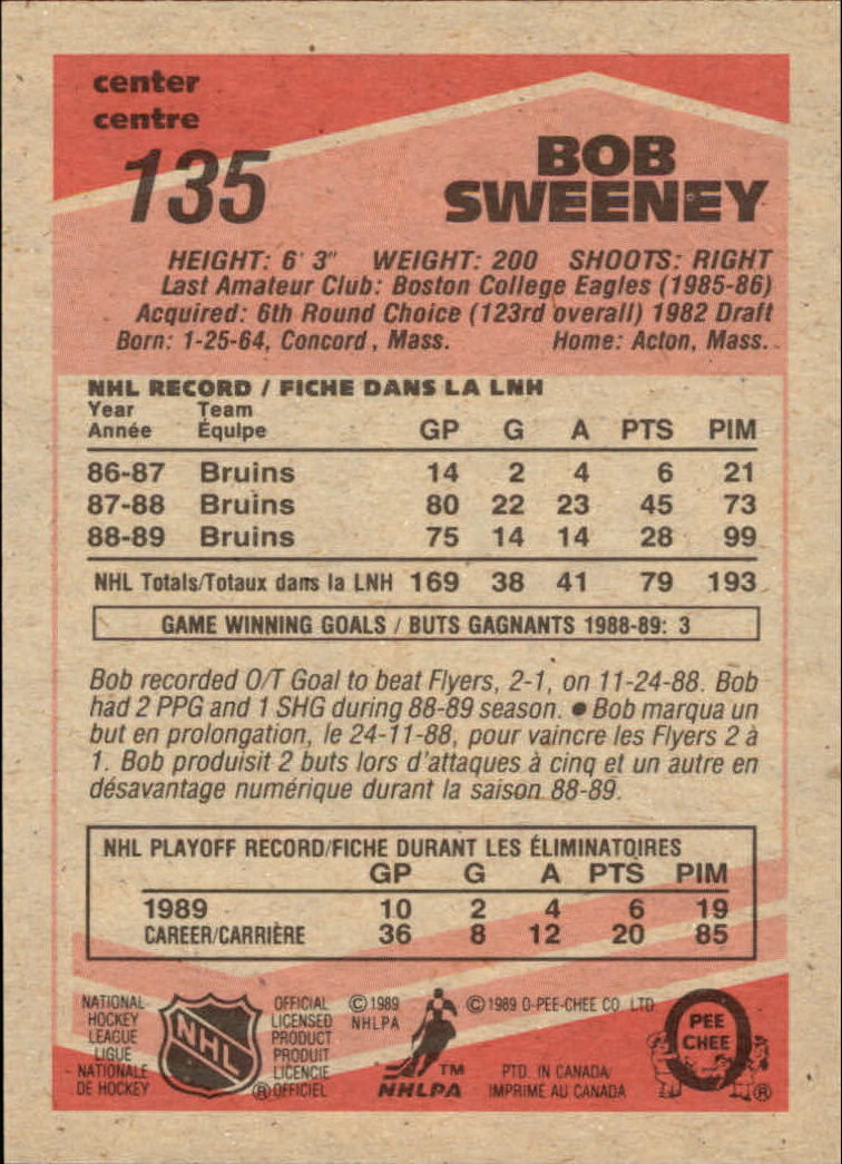 1989-90 O-Pee-Chee #135 Bob Sweeney back image