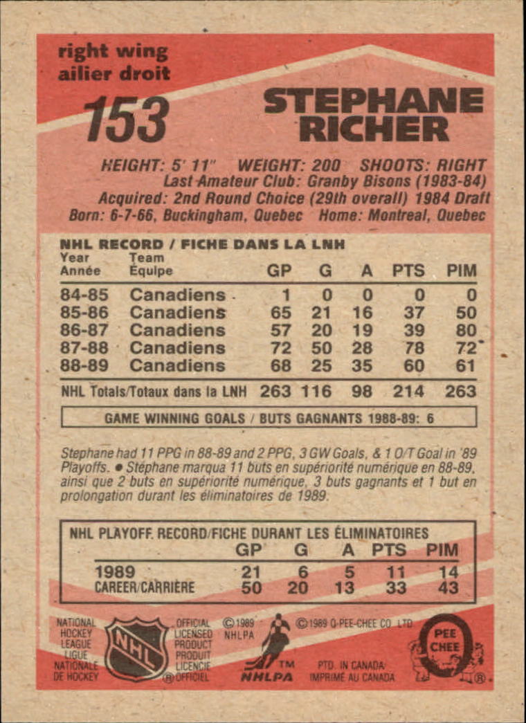 1989-90 O-Pee-Chee #153 Stephane Richer back image