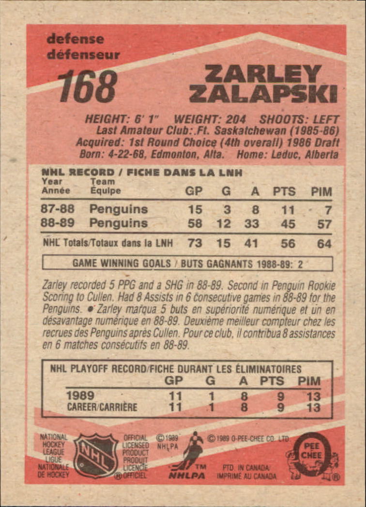 1989-90 O-Pee-Chee #168 Zarley Zalapski RC back image