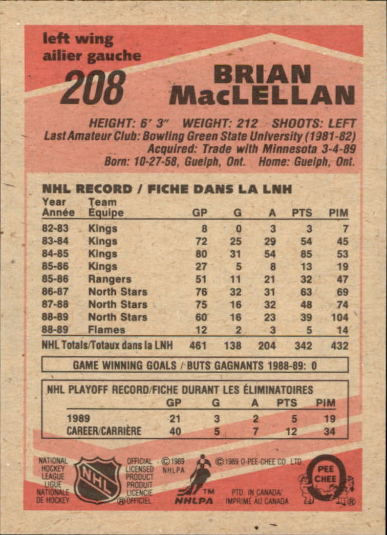 1989-90 O-Pee-Chee #208 Brian MacLellan back image