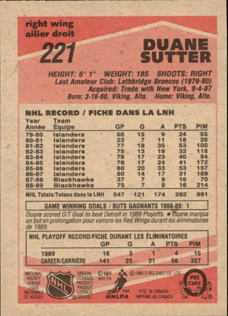 1989-90 O-Pee-Chee #221 Duane Sutter back image