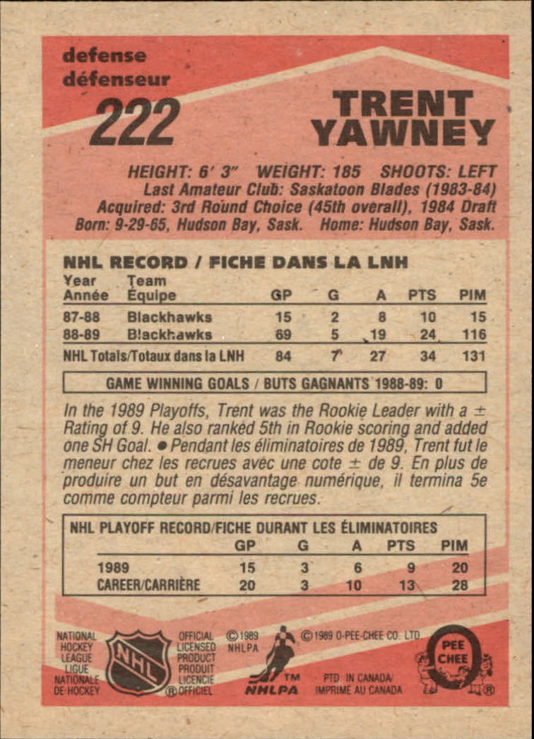 1989-90 O-Pee-Chee #222 Trent Yawney RC back image