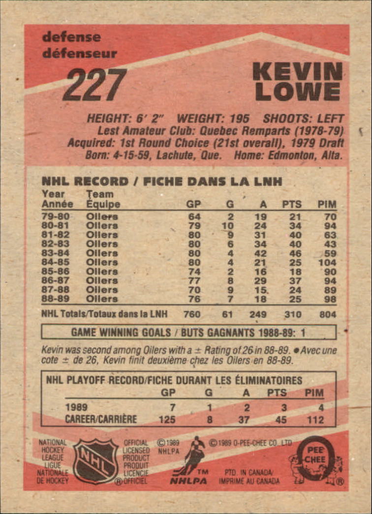 1989-90 O-Pee-Chee #227 Kevin Lowe back image