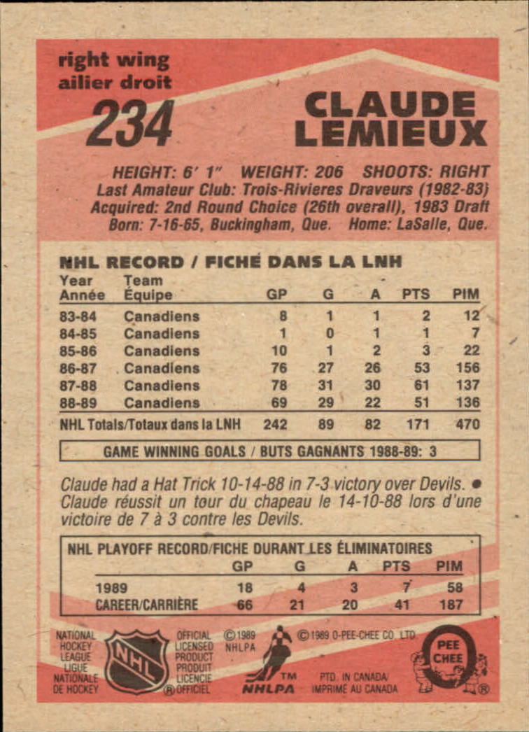 1989-90 O-Pee-Chee #234 Claude Lemieux back image