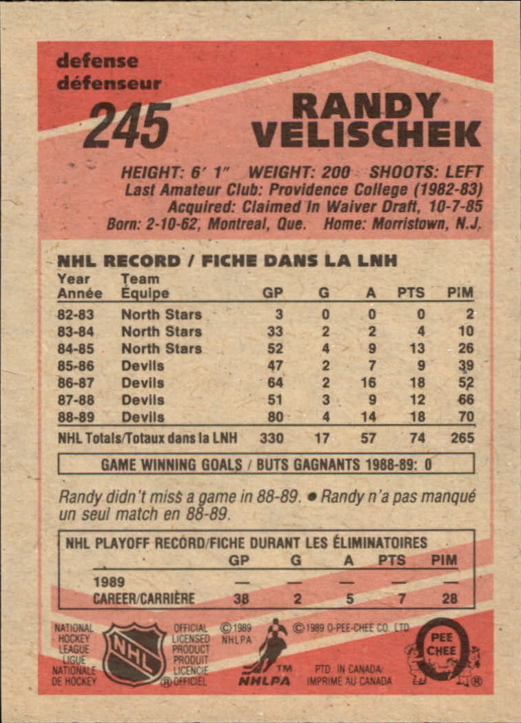 1989-90 O-Pee-Chee #245 Randy Velischek RC back image