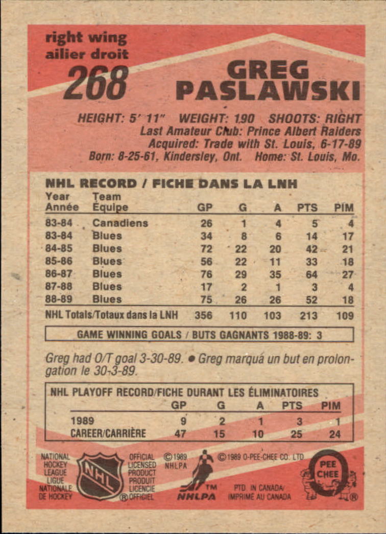 1989-90 O-Pee-Chee #268 Greg Paslawski back image