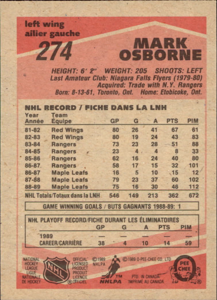 1989-90 O-Pee-Chee #274 Mark Osborne UER/Misspelled Osbourne back image