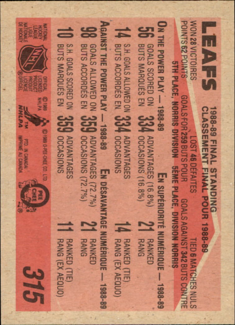 1989-90 O-Pee-Chee #315 Toronto Maple Leafs back image