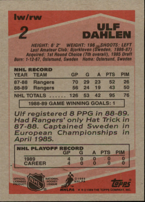 1989-90 Topps #2 Ulf Dahlen DP back image