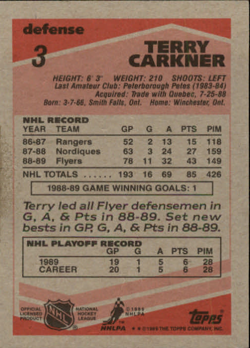 1989-90 Topps #3 Terry Carkner RC back image