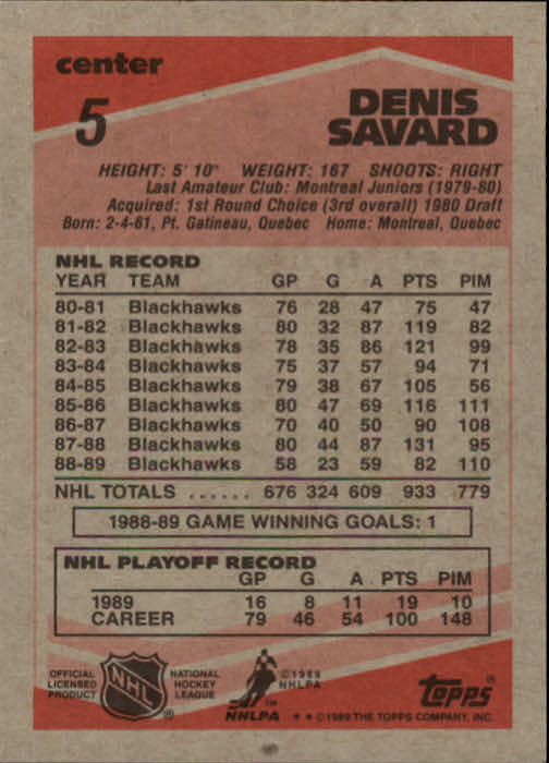 1989-90 Topps #5 Denis Savard back image