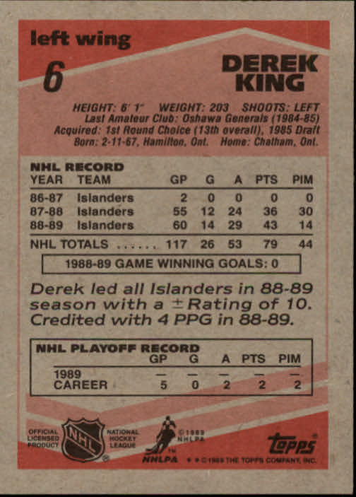1989-90 Topps #6 Derek King DP RC back image
