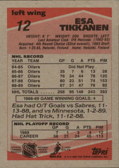 1989-90 Topps #12 Esa Tikkanen back image