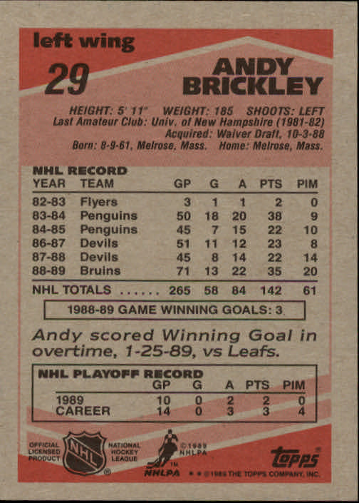 1989-90 Topps #29 Andy Brickley DP RC back image