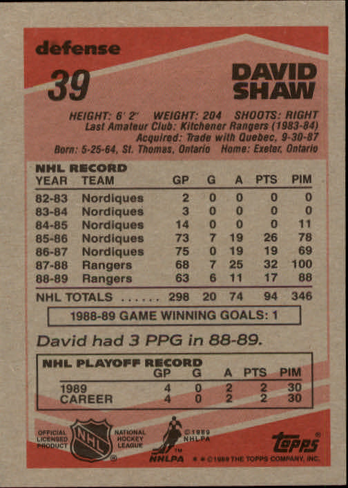 1989-90 Topps #39 David Shaw DP back image