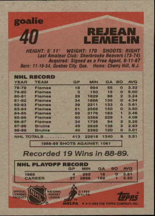 1989-90 Topps #40 Rejean Lemelin back image