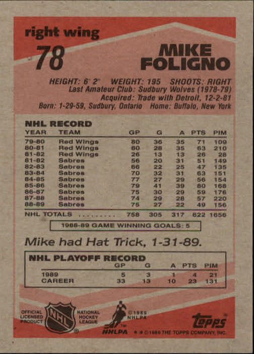 1989-90 Topps #78 Mike Foligno DP back image