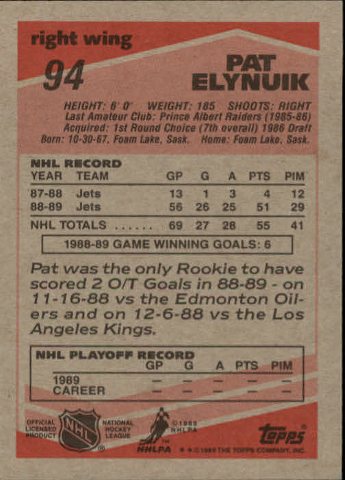 1989-90 Topps #94 Pat Elynuik DP RC back image