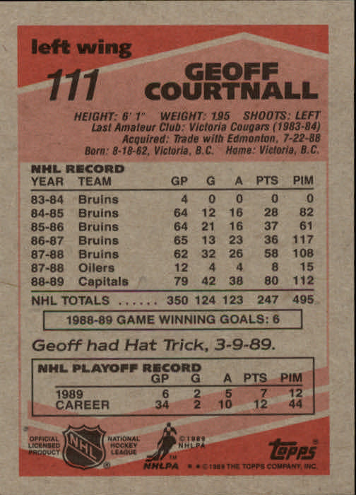 1989-90 Topps #111 Geoff Courtnall RC back image